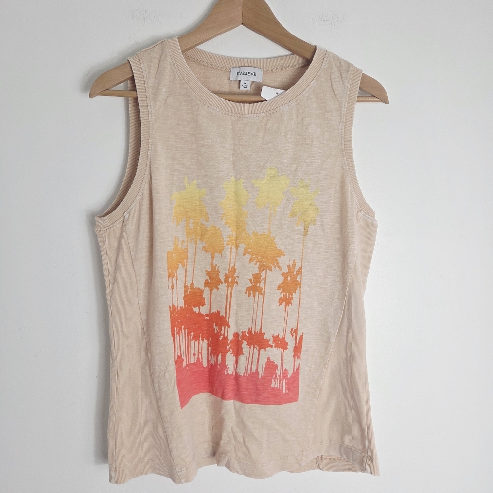 Evereve Beige Muscle Tee with Yellow-Orange-Red Palm Graphic